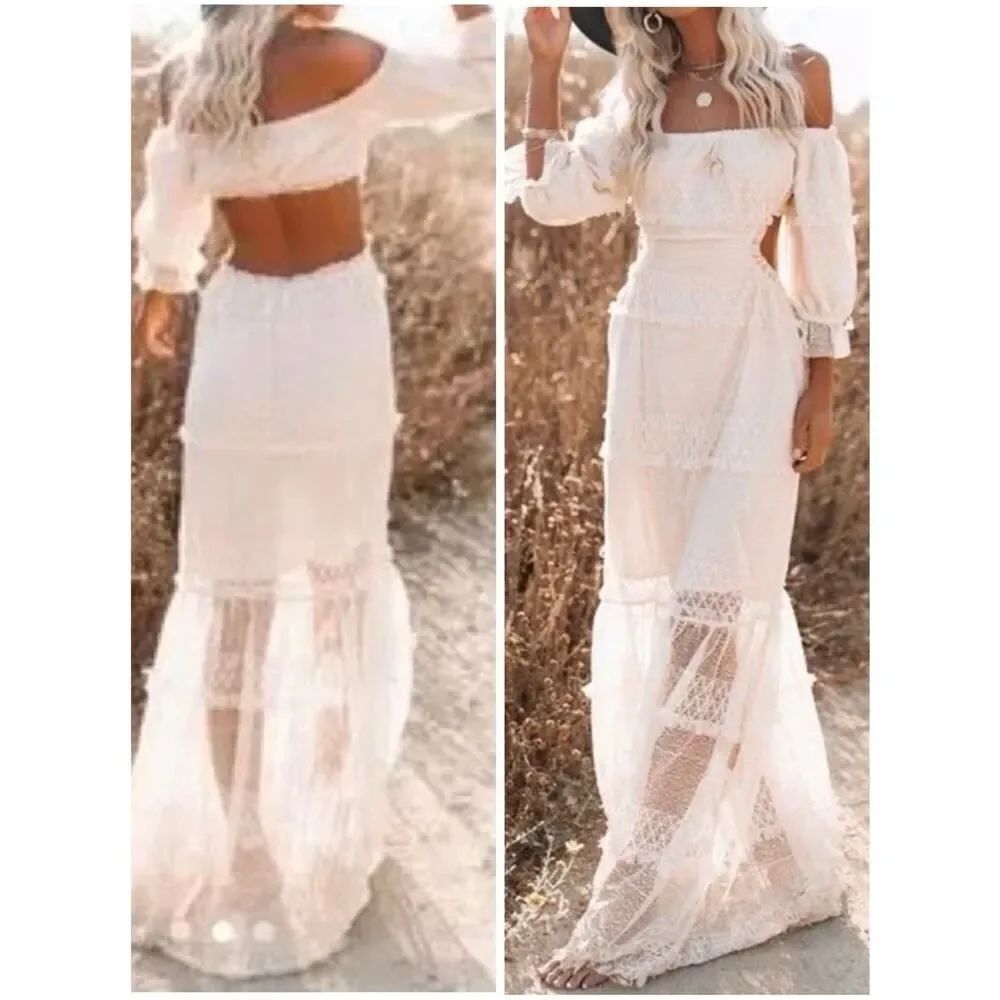NWT Skylar Rose Porsha Off Shoulder Open Back Maxi Dress Lace Tiers BOHO Sz L
